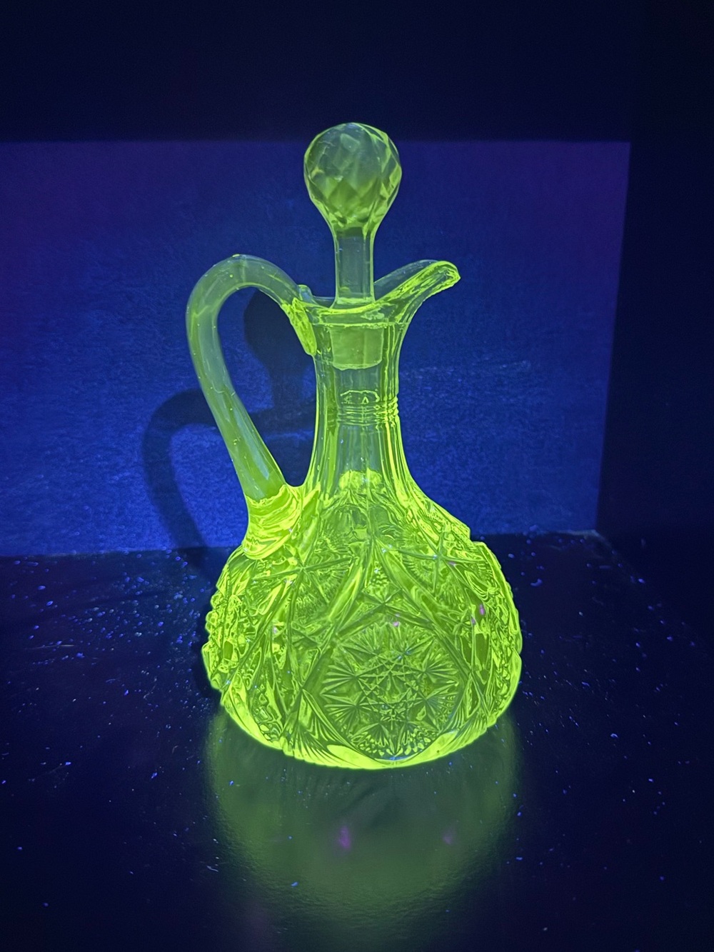 Vintage UV Reactive EAPG Hand Blown Glass Crystal Cruet with Stopper 7”